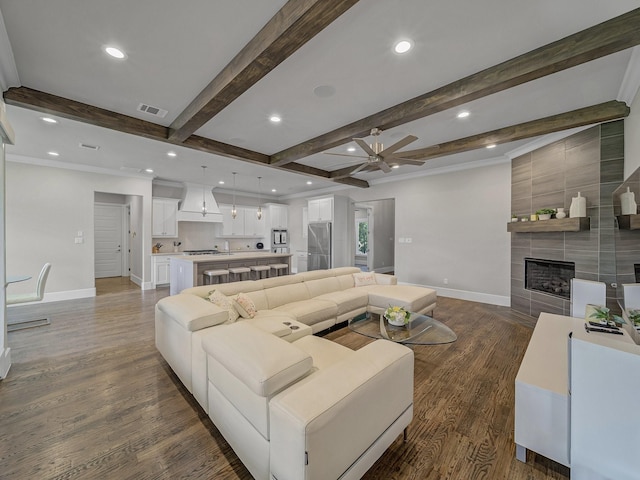 8505 Tierra Ct, Benbrook, TX 76126 - living area featuring baseboards, ceiling fan, and dark wood-style floors