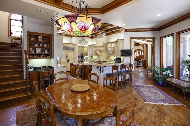3636 Amherst Ave, University Park, TX 75225 - dining room with stairs, visible vents, dark wood-type flooring, ornamental molding, and recessed lighting