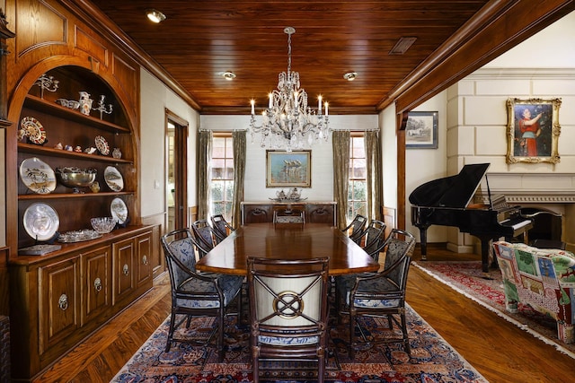 3636 Amherst Ave, University Park, TX 75225 - dining room with a notable chandelier, ornamental molding, wood ceiling, and dark wood-type flooring