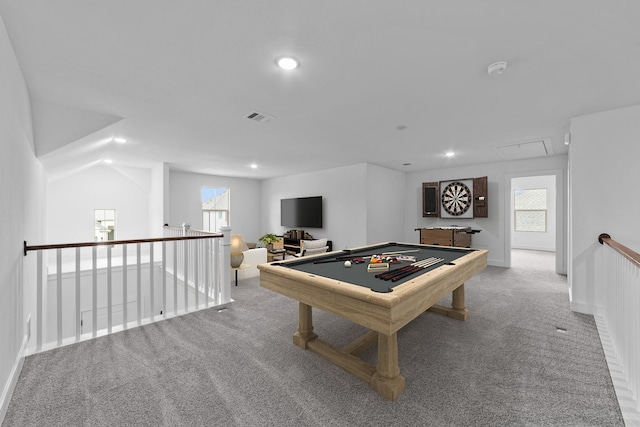 248 Diamond Dl, Lavon, TX 75166 - playroom featuring carpet floors, recessed lighting, billiards, healthy amount of natural light, and attic access