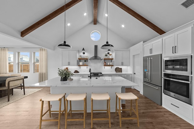 248 Diamond Dl, Lavon, TX 75166 - kitchen with stainless steel appliances, wall chimney exhaust hood, open shelves, beam ceiling, and white cabinetry