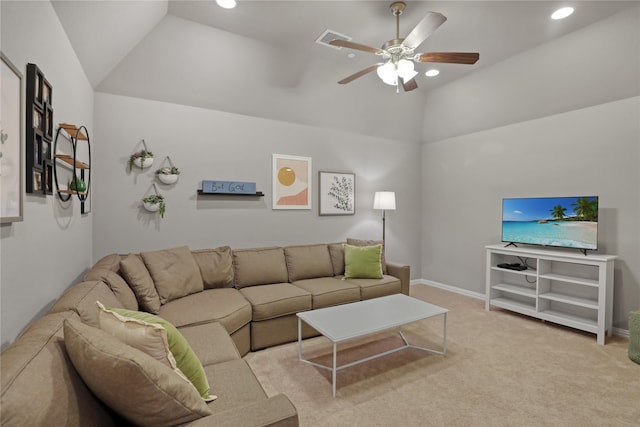 living area featuring light carpet, vaulted ceiling, recessed lighting, and ceiling fan