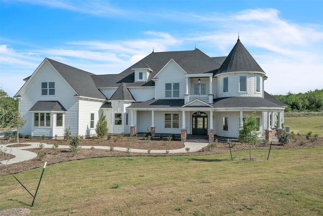 victorian-style house featuring a front yard, french doors, and covered porch