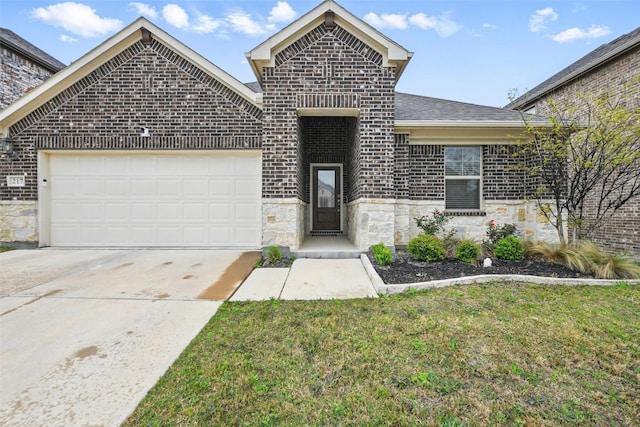 view of front of home with concrete driveway, brick siding, stone siding, and an attached garage