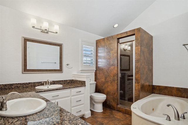 5111 Cimmaron Cir, Parker, TX 75002 - bathroom featuring a tub with jets, vanity, a stall shower, toilet, and lofted ceiling