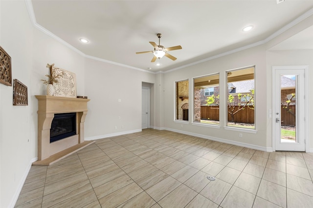 971 Abbott Ln, Allen, TX 75013 - unfurnished living room featuring light tile patterned flooring, a ceiling fan, recessed lighting, a glass covered fireplace, and crown molding