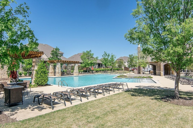 971 Abbott Ln, Allen, TX 75013 - community pool featuring a lawn, a patio, and a pergola