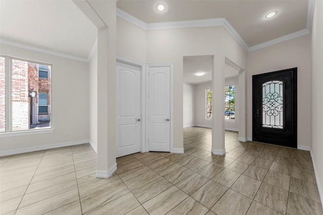 971 Abbott Ln, Allen, TX 75013 - foyer featuring light tile patterned floors, crown molding, baseboards, and recessed lighting