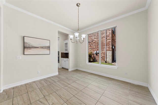 971 Abbott Ln, Allen, TX 75013 - spare room featuring a chandelier, ornamental molding, baseboards, and light tile patterned floors