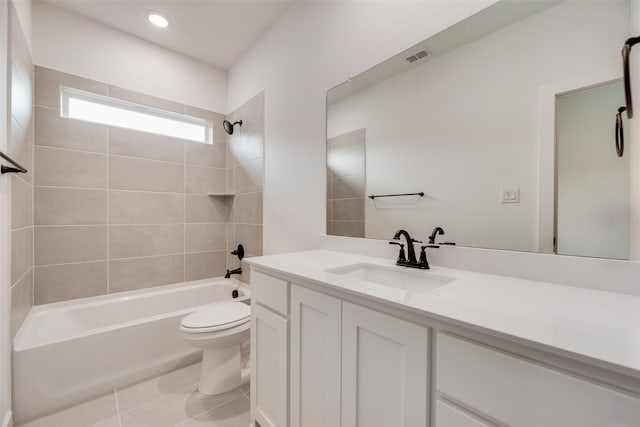 full bath with visible vents, vanity, toilet, shower / tub combination, and tile patterned floors