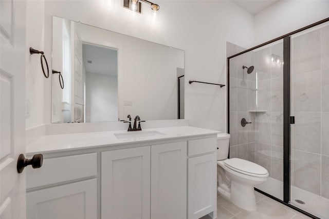 full bathroom with vanity, tile patterned flooring, a stall shower, and toilet