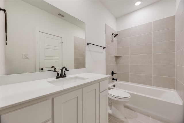 bathroom with vanity, toilet, recessed lighting, tub / shower combination, and visible vents