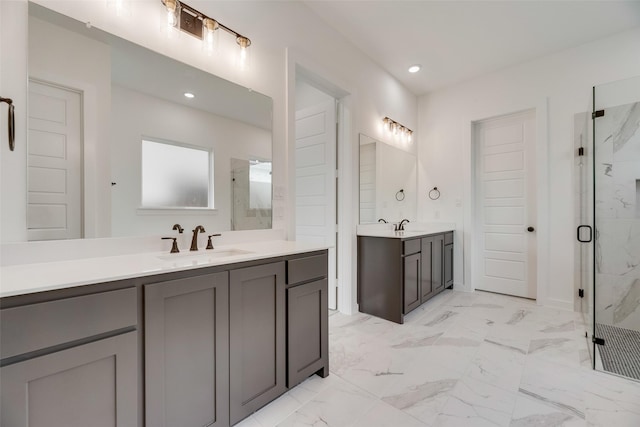 bathroom featuring two vanities, recessed lighting, a marble finish shower, and a sink