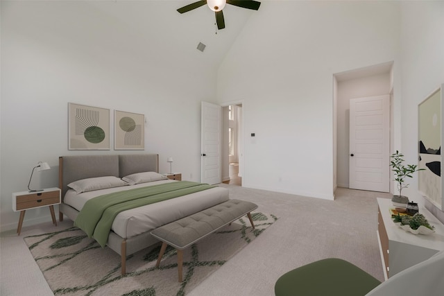 bedroom featuring carpet floors, high vaulted ceiling, ceiling fan, and baseboards