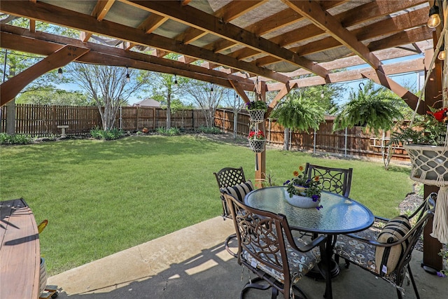 view of patio / terrace with a pergola, a fenced backyard, and outdoor dining area