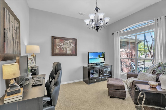 home office with baseboards, a notable chandelier, visible vents, and carpet floors