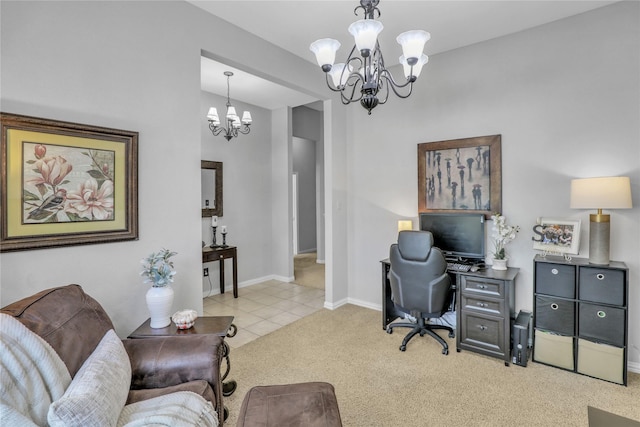 carpeted home office featuring tile patterned floors, an inviting chandelier, and baseboards