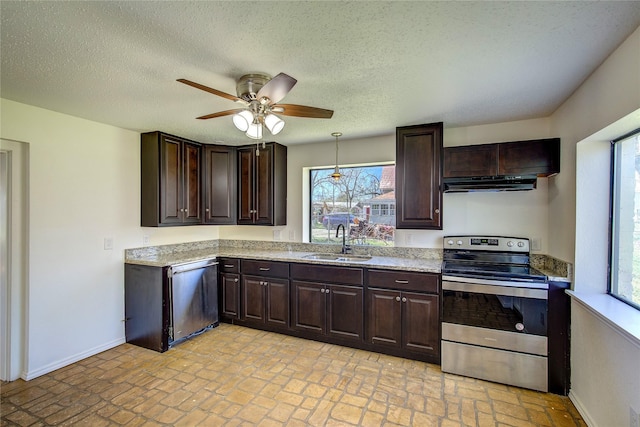 kitchen featuring stainless steel appliances, under cabinet range hood, a sink, and dark brown cabinets