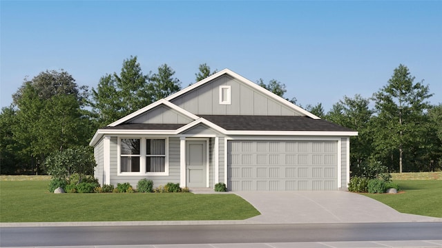 view of front facade featuring a garage, roof with shingles, concrete driveway, and a front lawn