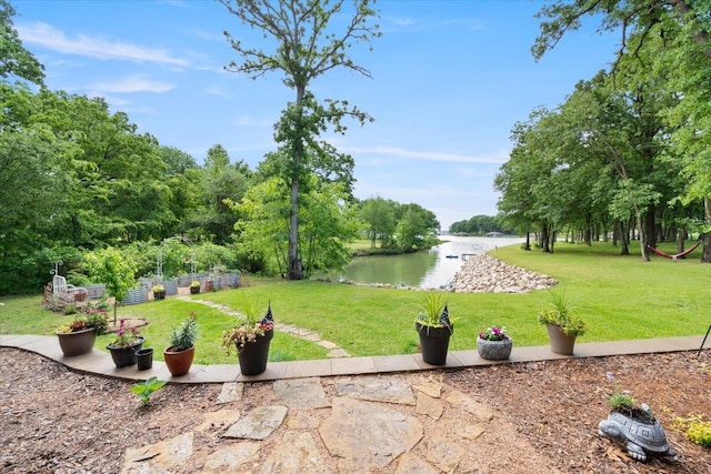 view of property's community with a yard, a water view, and a garden