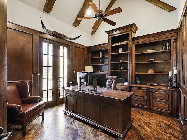 office area with high vaulted ceiling, ceiling fan, beam ceiling, and plenty of natural light
