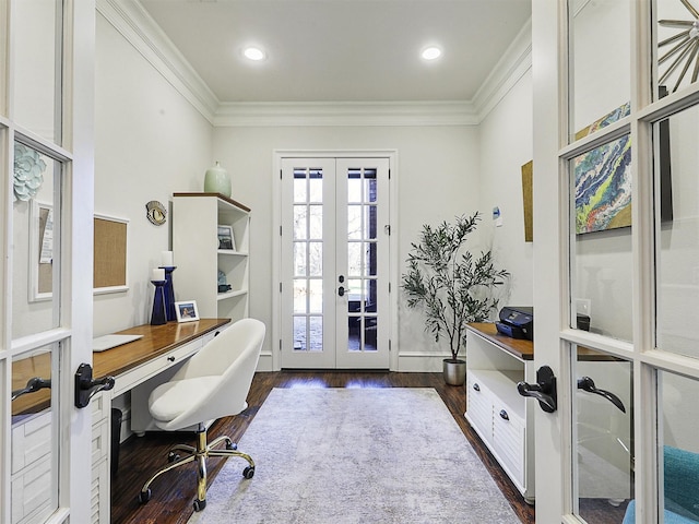 office featuring dark wood-style flooring, crown molding, french doors, and baseboards
