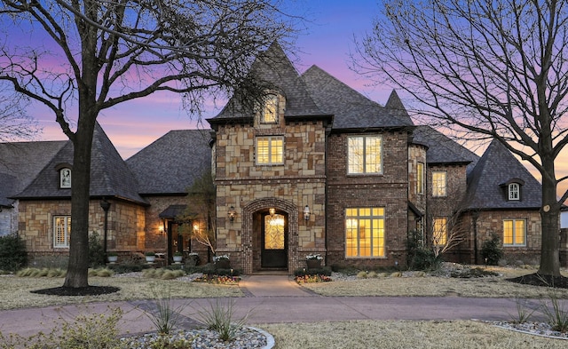 french provincial home featuring stone siding and a shingled roof