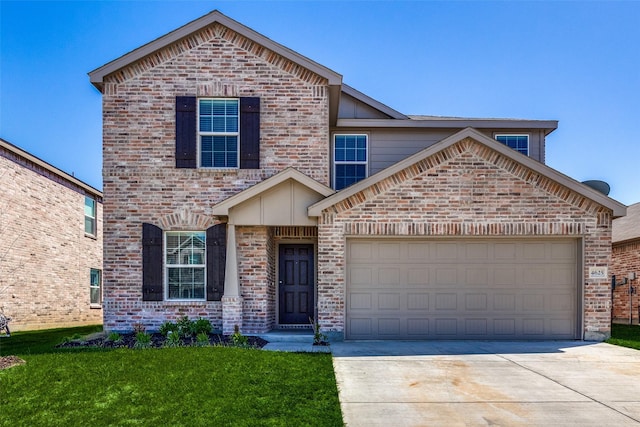 traditional-style house with a garage, concrete driveway, a front yard, and brick siding
