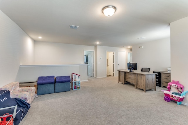 home office with visible vents, recessed lighting, baseboards, and light colored carpet