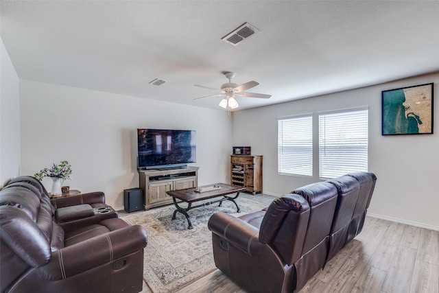 living area with a ceiling fan, light wood-style flooring, and visible vents