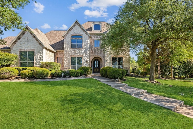 651 Countryside Dr, Fairview, TX 75069 - french country inspired facade featuring stone siding, a front yard, and brick siding