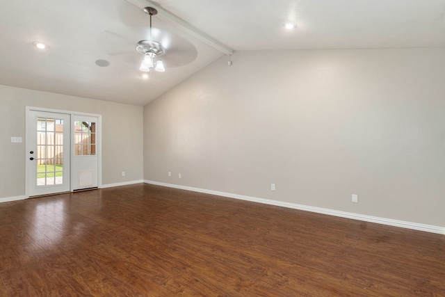 4248 Ireland Dr, The Colony, TX 75056 - unfurnished room with dark wood-style flooring, lofted ceiling with beams, baseboards, and ceiling fan