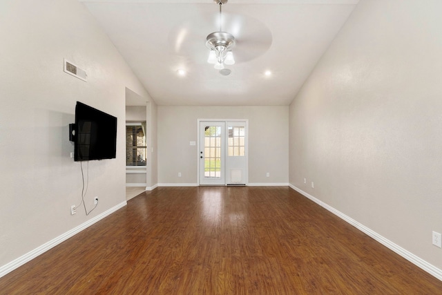 4248 Ireland Dr, The Colony, TX 75056 - unfurnished living room with dark wood-type flooring, a ceiling fan, vaulted ceiling, visible vents, and baseboards