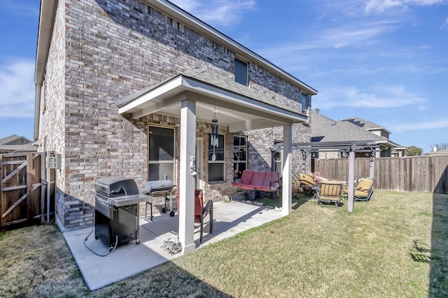 7632 Parkview Dr, Watauga, TX 76148 - rear view of house with a patio, a pergola, brick siding, an outdoor hangout area, and stone siding