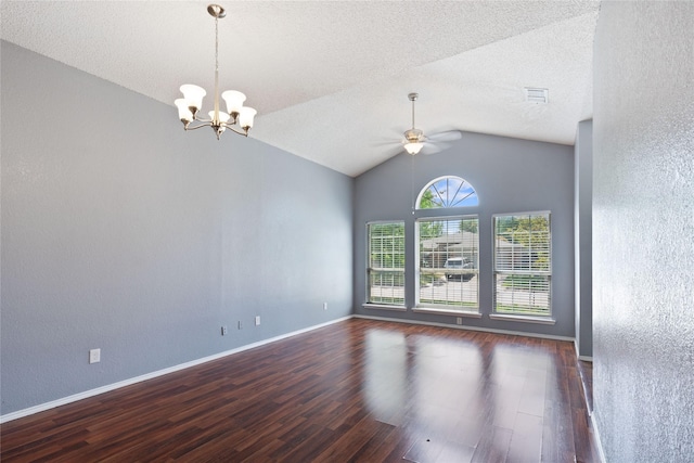 spare room featuring baseboards, vaulted ceiling, a textured wall, ceiling fan with notable chandelier, and wood finished floors