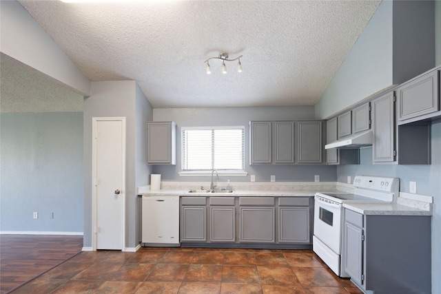 kitchen with a sink, white appliances, gray cabinetry, and under cabinet range hood