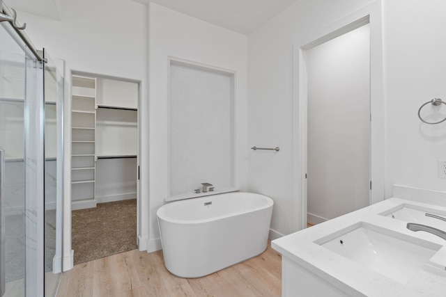 bathroom with a stall shower, a soaking tub, a sink, and a walk in closet