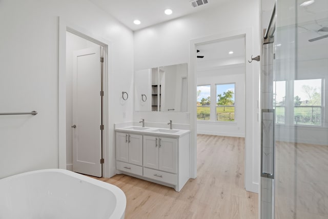 bathroom with a shower stall, a freestanding bath, wood finished floors, and a sink