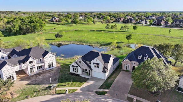 birds eye view of property with a water view and a residential view
