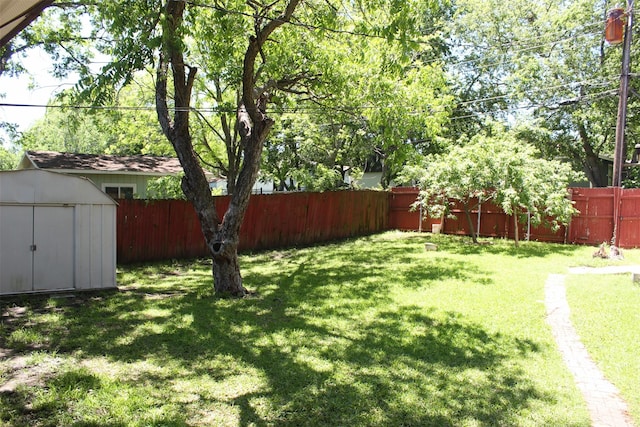 view of yard with an outbuilding, a shed, and a fenced backyard