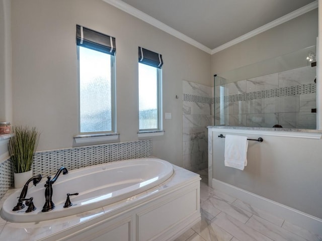 full bathroom featuring walk in shower, ornamental molding, a garden tub, and marble finish floor