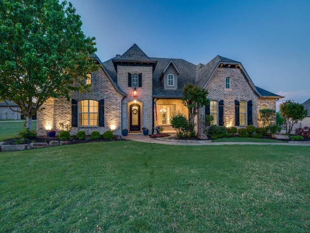 french provincial home featuring brick siding, a front yard, and roof with shingles