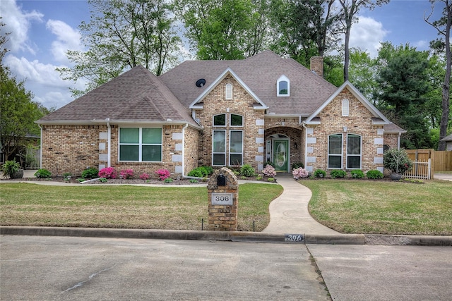 view of front facade featuring a front yard, fence, a shingled roof, and a chimney