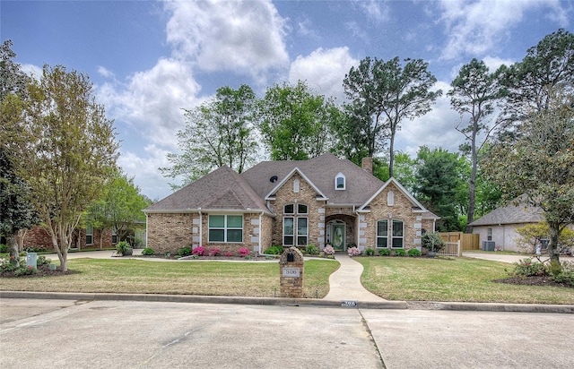 view of front of property with a front yard, fence, brick siding, a chimney, and a shingled roof