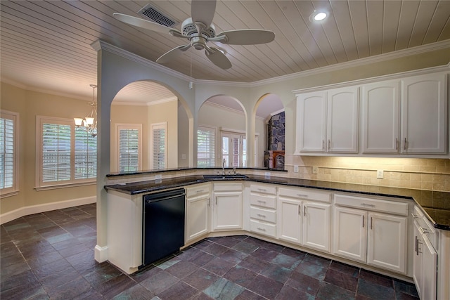 kitchen with white cabinets, a sink, visible vents, wood ceiling, and ornamental molding