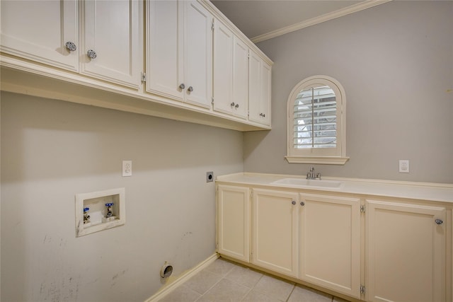 clothes washing area with a sink, hookup for an electric dryer, cabinet space, washer hookup, and crown molding