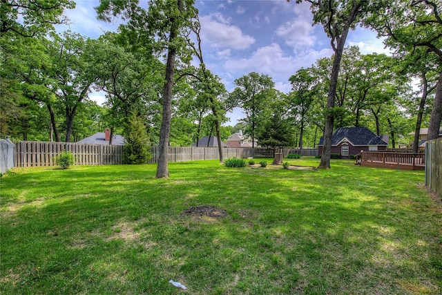 view of yard with a wooden deck and a fenced backyard