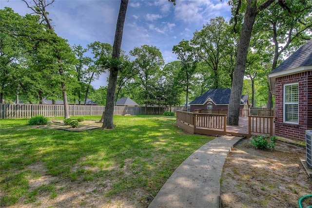 view of yard with a fenced backyard and a wooden deck