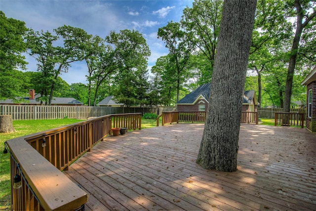 wooden terrace featuring a fenced backyard and a lawn