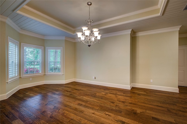 unfurnished room featuring a chandelier, ornamental molding, baseboards, and dark wood-style flooring